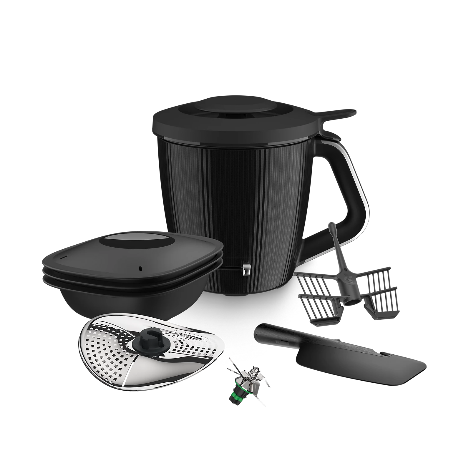 Zubehör des Thermomix TM7: Mixtopf, Varoma, Gareinsatz, Rühraufsatz und Spatel
